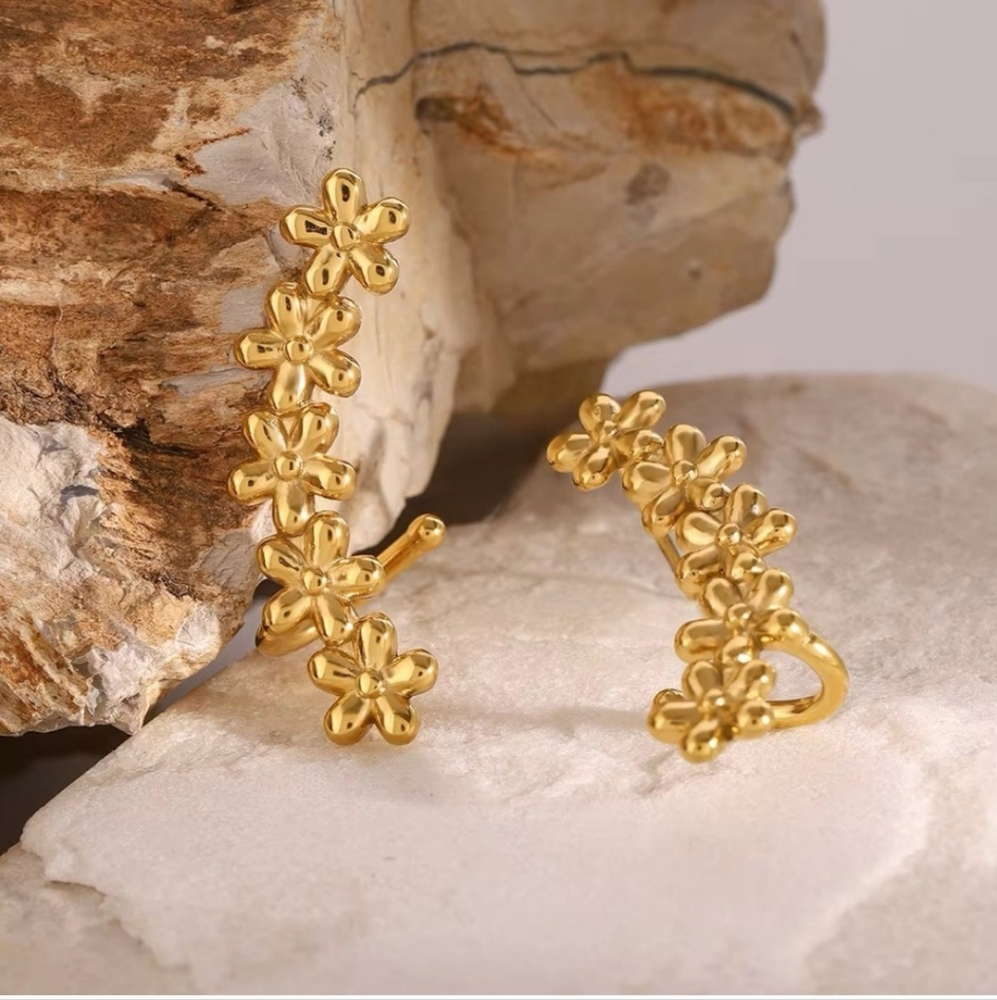 18k Gold Plated Stainless Steel Floral Cuff Earrings
